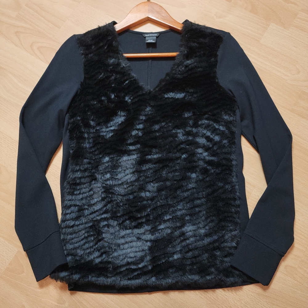 Club Monaco Faux Fur Ponte Black Kenzie Long Sleeve Pullover Top Shirt Size XS